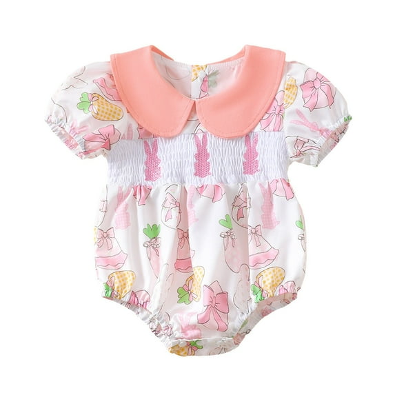 Baby Girl Bubble Romper Easter Baby Girl Easter Rabbit Prints Crawling Suit Summer Jumpsuit Baby Girl Outfits Pink 0 Months-3 Months