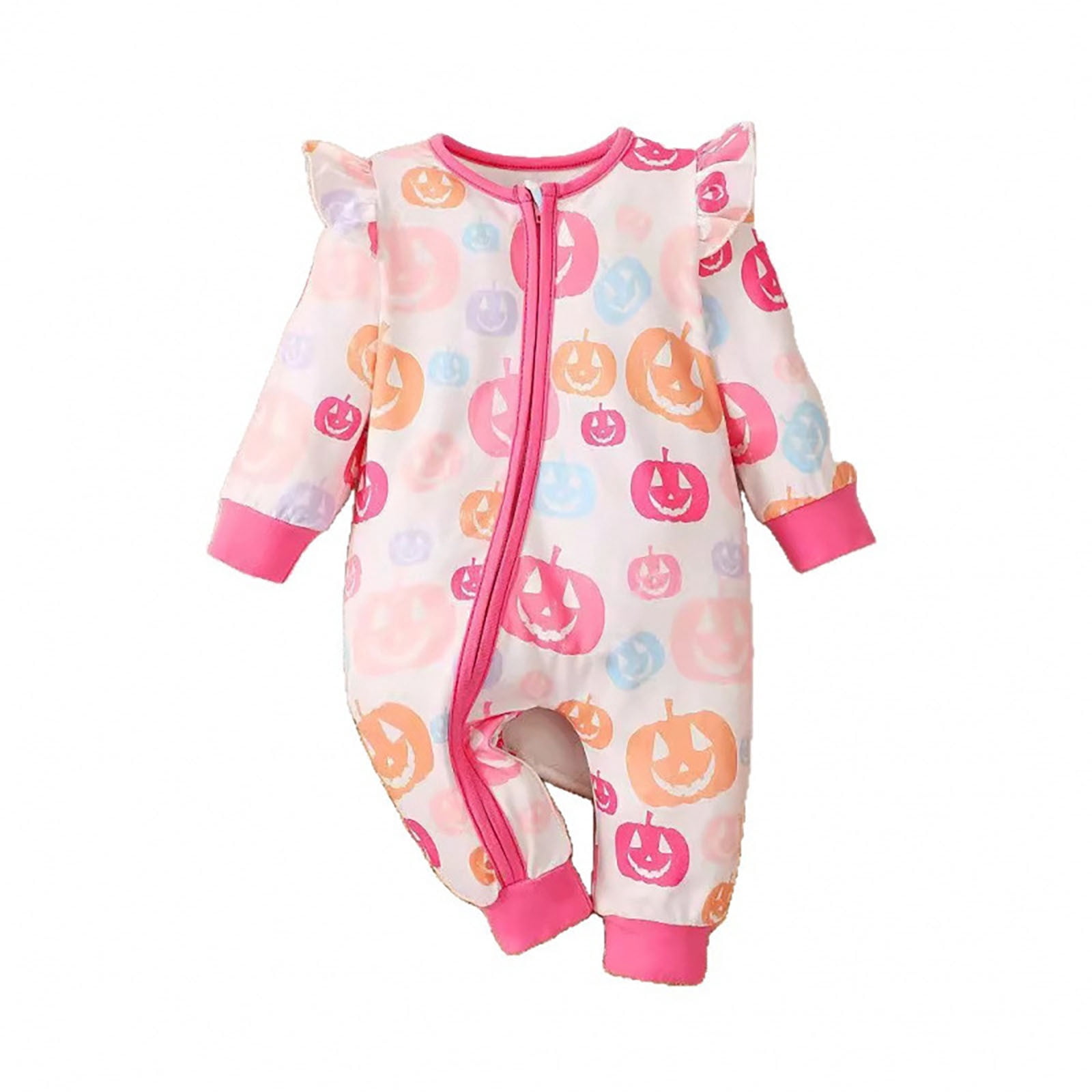 Baby Girl Bubble Romper Halloween Baby Girls Zipper One Piece Jumpsuits Long Sleeve Soft Comfort Full Zip Footless Pajamas Baby Bubble Romper Pink 3 Months-6 Months