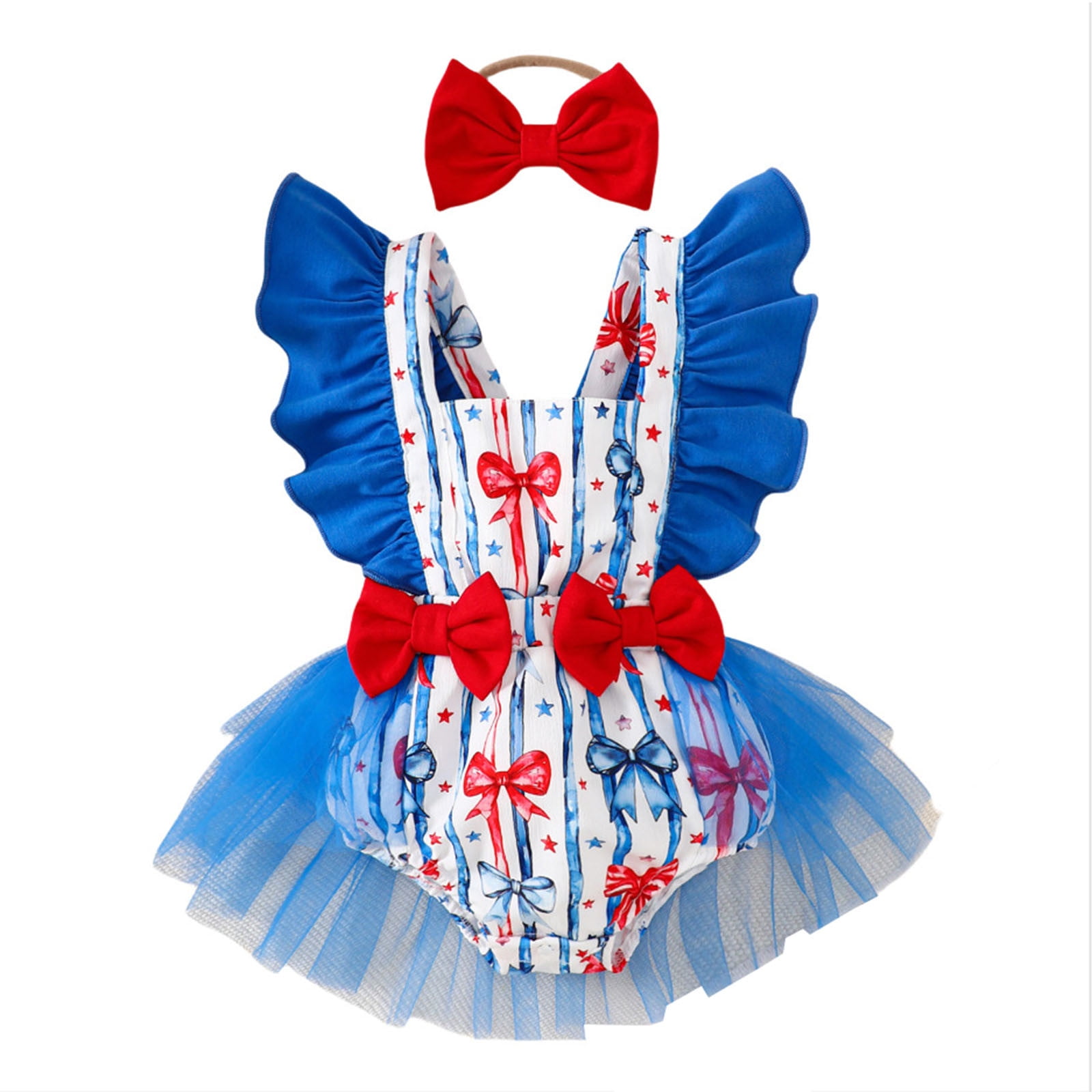 Baby Girl Bubble Romper Baby Girls Fly Sleeve Independence Day 4Th of July Prints Romper Bodysuits Dress Baby Romper Blue 0 Months-3 Months