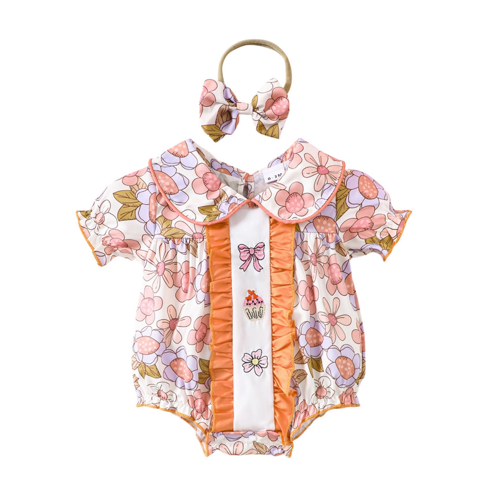 Baby Girl Bubble Romper Girls Short Sleeve Floral Prints Romper Ruffles Bodysuits Girls Summer Outfits Orange 0 Months-3 Months