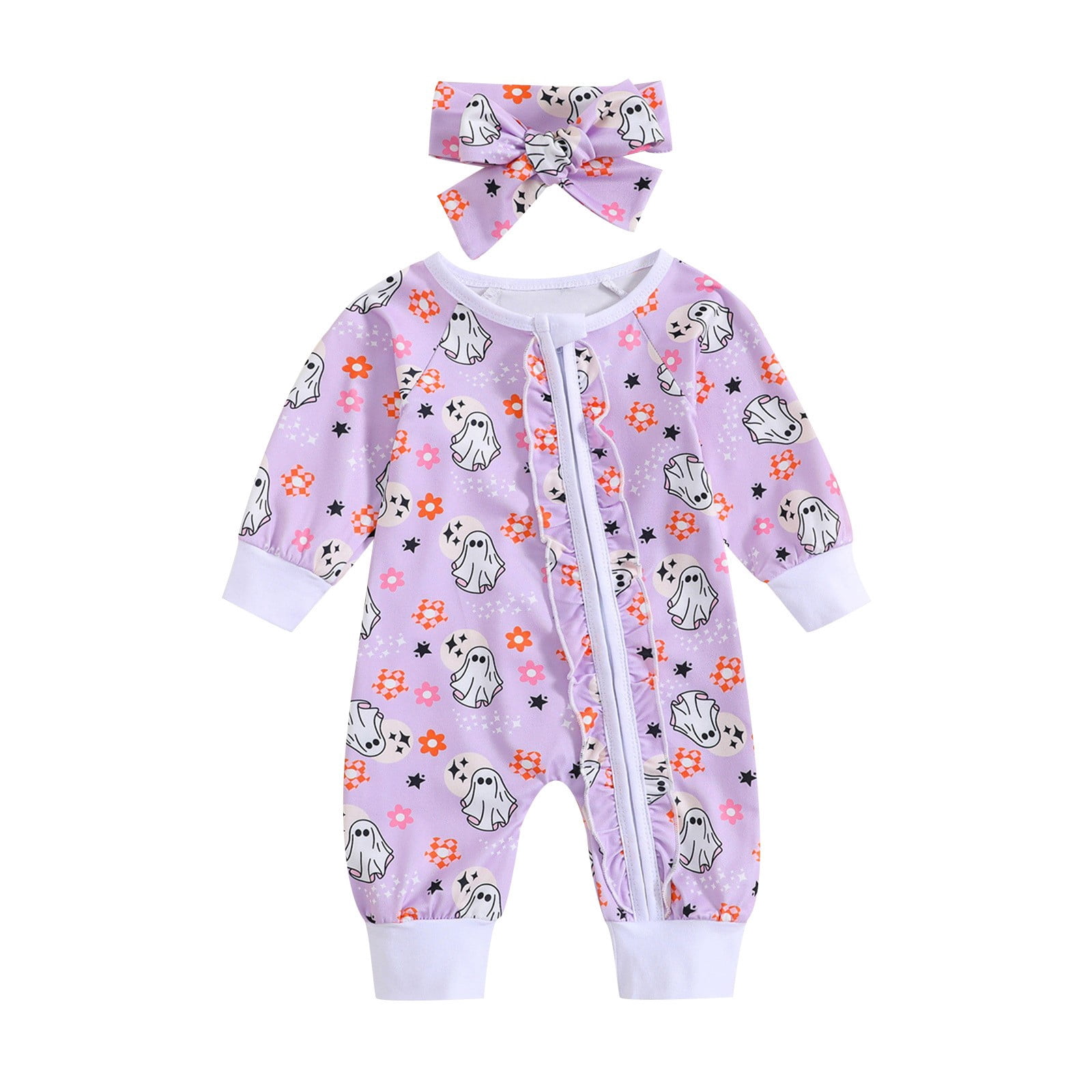 Baby Girl Bubble Romper Baby Girls Fall Full Zip Jumpsuit Cartoon Ghost Print Long Sleeve One Piece Pajama with Headband Soft Comfort Baby Boy Rompers Purple 6 Months-12 Months