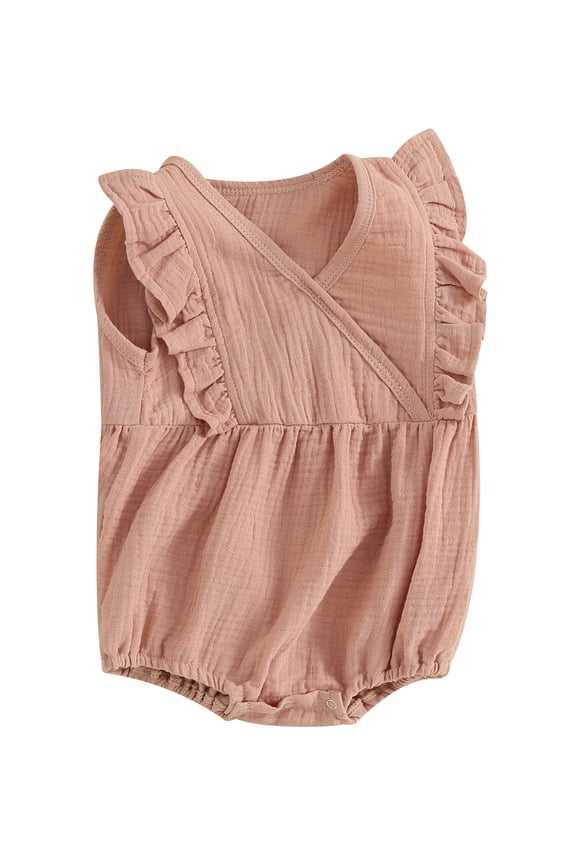 Baby Girl Bubble Romper Sleeveless Wrap V Neck Solid Color Bodysuit Newborn Clothes