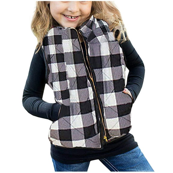 Baby Girl Buffalo Plaid Vest Top Winter Warm Zipper Quilted Cotton Blend Jacket Sleeveless Toddler Boys Fall Clothes, Black, 1-2 Years