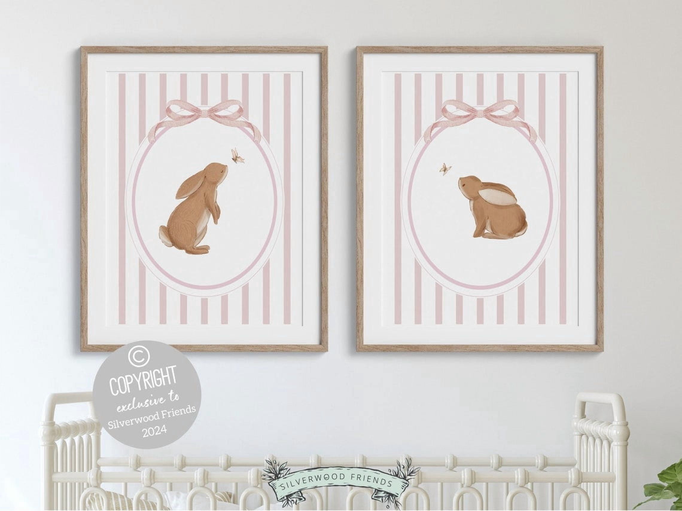 Baby Girl Bunny Wall Art Prints, Rabbit, Woodland, Pink, Bedroom And ...