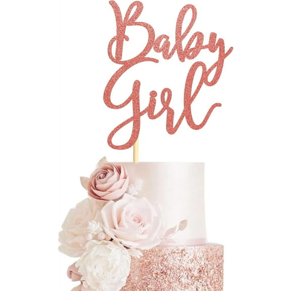 Baby Girl Cake Topper for Baby Shower or Newborn Cake Picks, Gender Reveal Party Decorations- Rose Gold Glitter