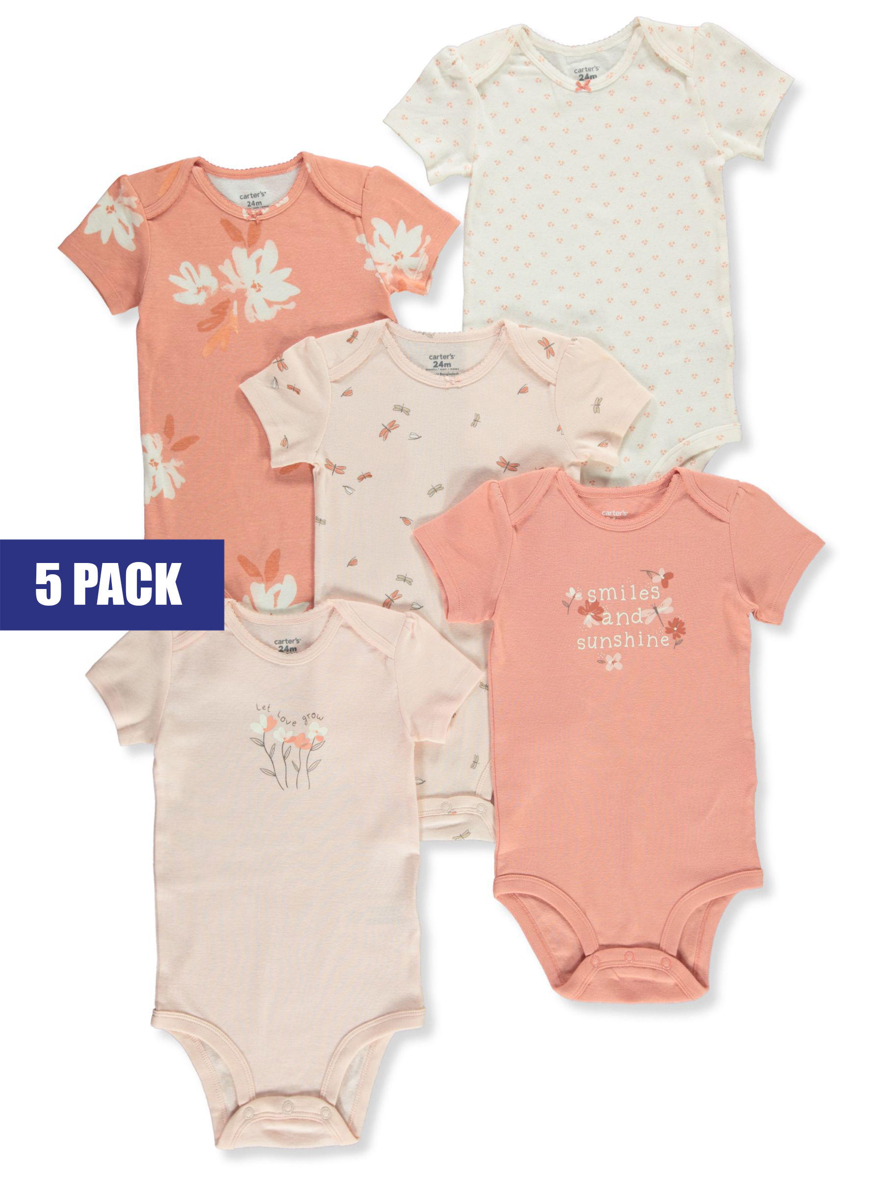 Baby Girl Carter's 5-Pack "Smiles & Sunshine" Short Sleeve Bodysuits Color: Pink Floral Size: 24 MONTHS