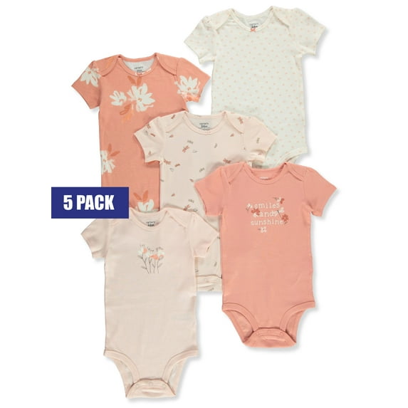 Baby Girl Carter's 5-Pack "Smiles & Sunshine" Short Sleeve Bodysuits Color: Pink Floral Size: 9 MONTHS