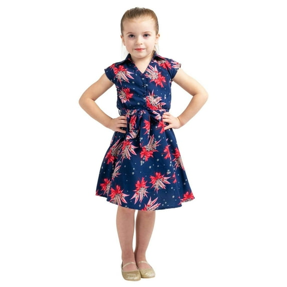 Baby Girl Casual Dress Collared Button Down Kids Summer Party Sleeveless Dresses in Butterfly Navy, Size 3-4