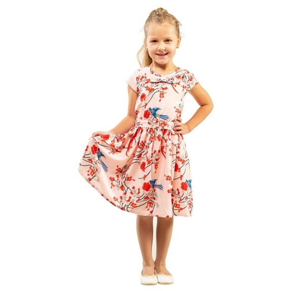 Baby Girl Casual Dress Peter Pan Collar Kids Summer Party Sleeveless Dresses in Bird Pink, Size 7-8