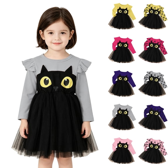 Baby Girl Cat Long Sleeve Tulle Tutu Dresses Fall Girls Halloween Dress Toddler Halloween Outfit 18-24 Months