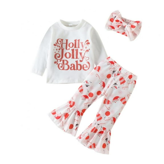 Baby Girl Christmas Clothes Long Sleeved Lettering Top Print Trousers  Hairband Set,3M-4Y