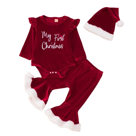 Baby Girl Christmas Clothes My First Christmas Outfit Long Sleeve Romper Santa Print Flare Pants Headband Xmas Set