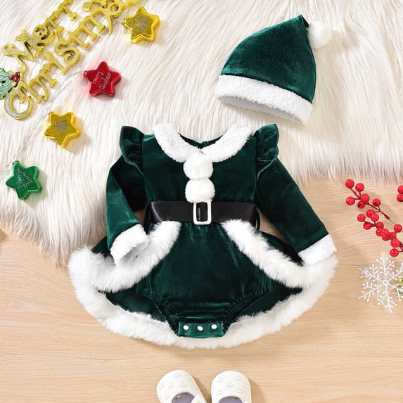Baby Girl Christmas Dress,Santa Claus Party Attire Fur Trim Velvet Long Sleeve Christmas Outfits Christmas Cosplay Holiday Dress 6-9 Months