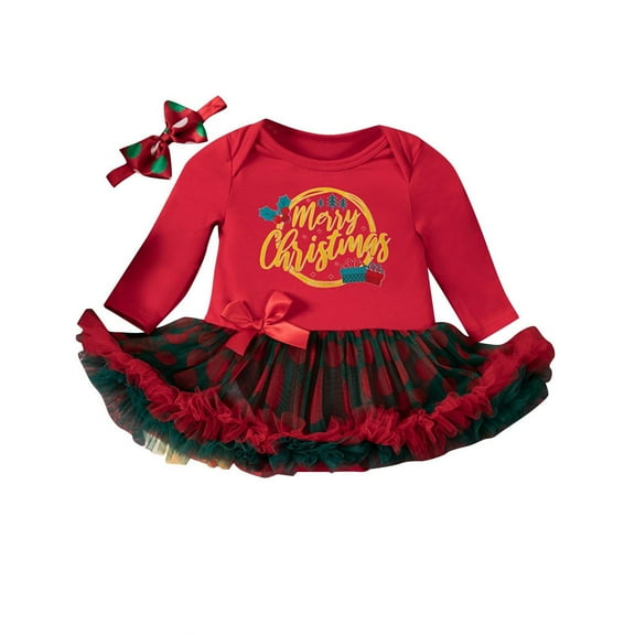 Baby Girl Christmas Outfit Long Sleeve Romper Dress Cotton Tutus Headband 2 Piece Set Festive Christmas Outfits, Red, 12 Months