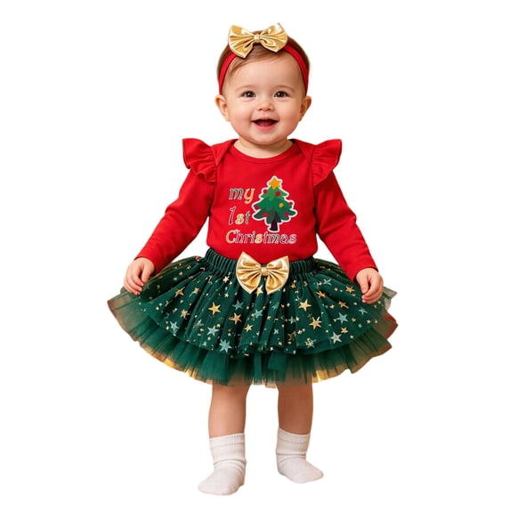 Baby Girl Christmas Outfit Long Sleeve Ruffle Princess Tutu Dress Headband Christmas Tutu Dress Outfit Long Sleeve Ribbed Ruffle Glitter Tulle Princess Dress Christmas Outfits
