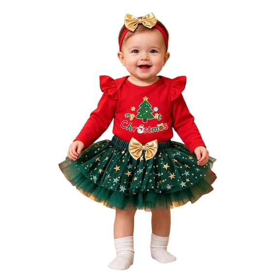 Baby Girl Christmas Outfit Long Sleeve Ruffle Princess Tutu Dress Headband Christmas Tutu Dress Outfit Long Sleeve Ribbed Ruffle Glitter Tulle Princess Dress Christmas Outfits
