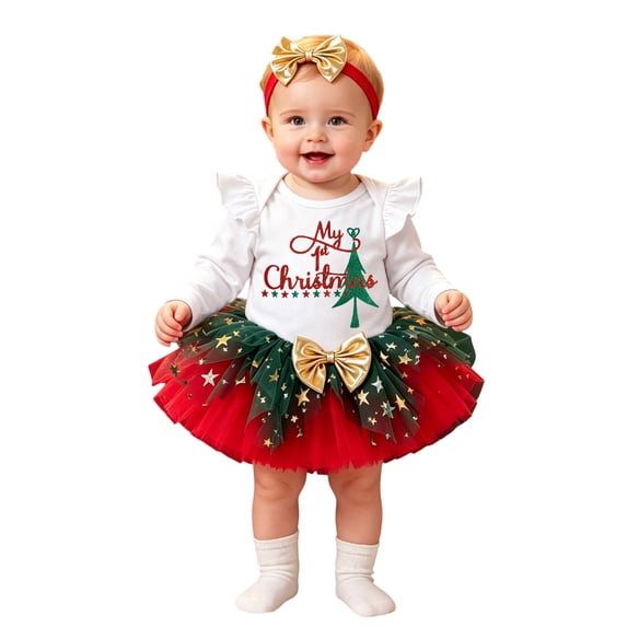 Baby Girl Christmas Outfit Long Sleeve Ruffle Princess Tutu Dress Headband Christmas Tutu Dress Outfit Long Sleeve Ribbed Ruffle Glitter Tulle Princess Dress Christmas Outfits
