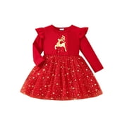 OKBABEHA Baby Girl Christmas Tulle Dress Elk Round Neck Long Sleeve Dress Star Sequins Headband Outfit