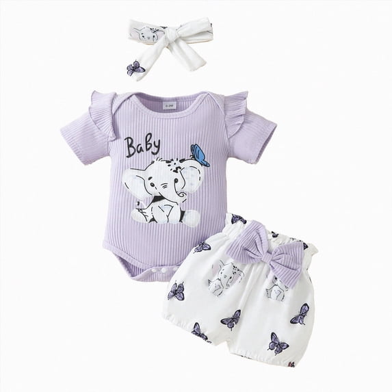 Baby Girl Clothes 0 3 6 9 12 18 Months Cartoon Elephant Letter Print Baby Ruffle Romper and Butterfly Print Short Headband Sets Cute Baby Girl Summer Clothes