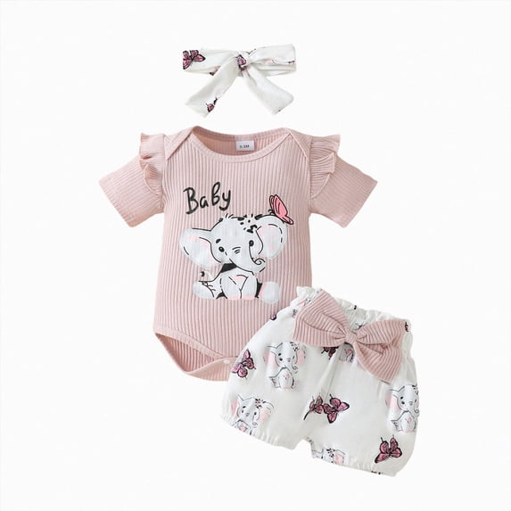 Baby Girl Clothes 0 3 6 9 12 18 Months Cartoon Elephant Letter Print Baby Ruffle Romper and Butterfly Print Short Headband Sets Cute Baby Girl Summer Clothes