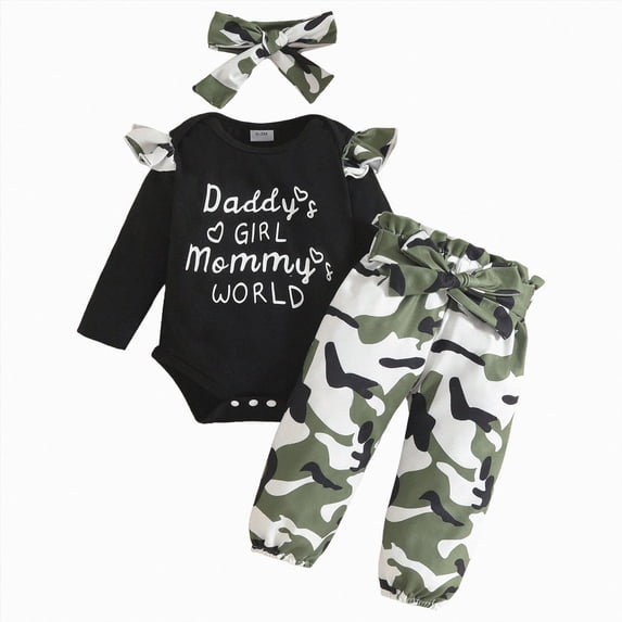 Baby Girl Clothes 0 3 6 9 12 18 Months Letter Print DADDY'S GIRL MOMMY WORLD Long Sleeve Ruffle Romper and Camouflage Bell Bottoms Pant Headband Sets Cute Baby Girl Winter Clothes