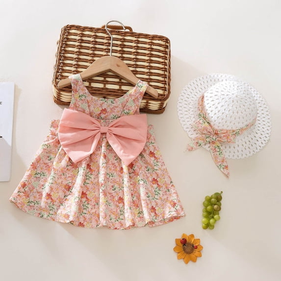 Baby Girl Clothes 1-4 Years Princess Big Bowknot Floral Print Cute Sleeveless Tank Dress Toddler Summer Outfit (100, Pink)