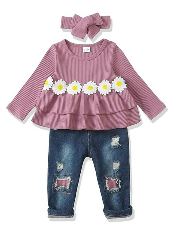 Baby Girl Clothes 12 18 Months Outfits for Infant Toddler Denim Girls Clothing Ruffle Top Ripped Jeans Pant Sets