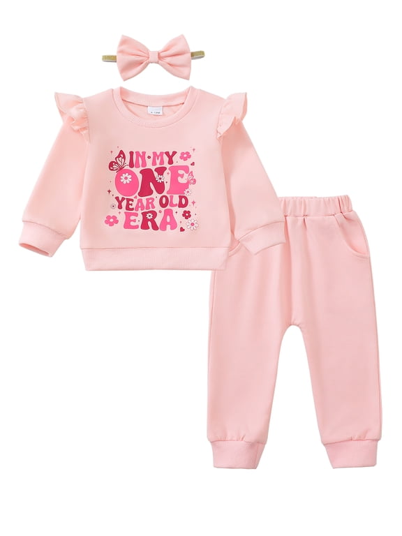 Baby Girl Clothes 12 Months Girls First Birthday Outfit 1 Year Old Girl Birthday Long Sleeve Sweatshirt Top Pants Set for Baby Girl Gift Pink