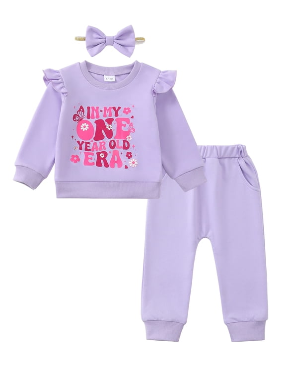 Baby Girl Clothes 12 Months Girls First Birthday Outfit 1 Year Old Girl Birthday Long Sleeve Sweatshirt Top Pants Set for Baby Girl Gift Purple