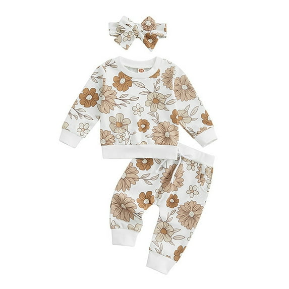 Baby Girl Clothes 3Pcs Baby Girl Outfits Daisy Sweatshirt + Pants + Headband Fall Winter Clothes Baby Girl Clothes Beige 18-24 Months