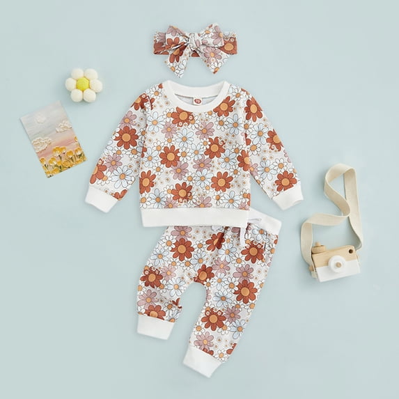 Baby Girl Clothes 6-9 Months 3Pcs Baby Girl Outfits Daisy Sweatshirt + Pants + Headband Infant Fall Winter Clothes