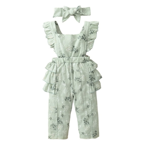 Baby Girl Clothes 6 Months Baby Girls Summer Bodysuit 9 Months Baby Girl Fly Ruffled Sleeve Floral Bodysuit Headband 2PCS Set Green