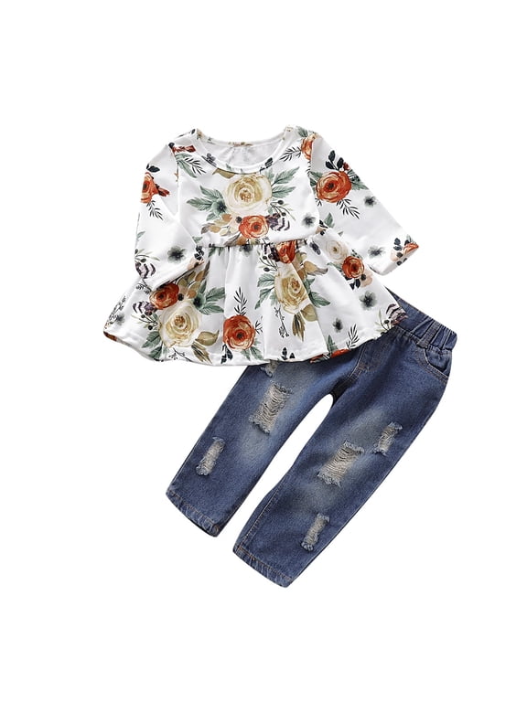 Toddler Baby Girl Clothes Baby Girl Outfits Long Sleeve Round Neckline Floral Top Jeans Pants 2PCS Set 18-24 Months