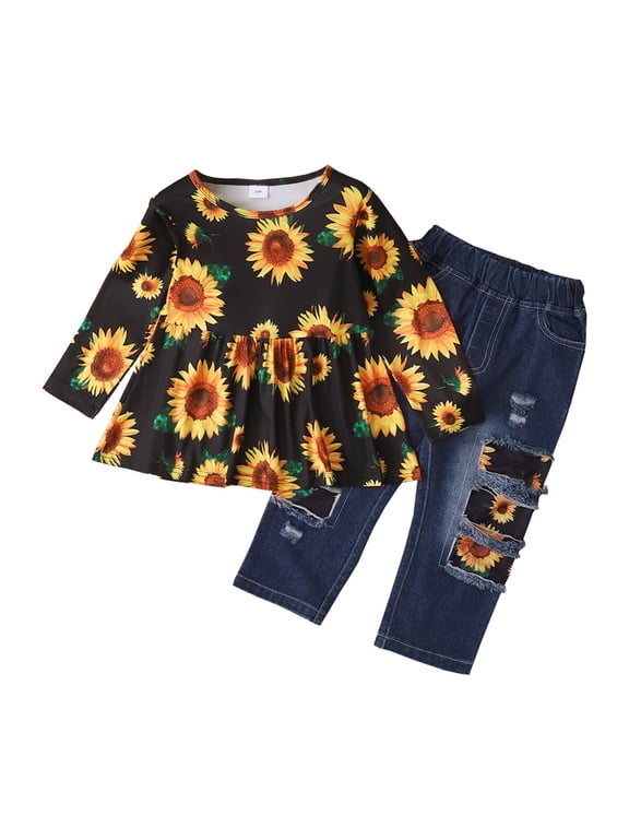 Baby Girl Clothes Baby Girl Outfits Long Sleeve Round Neckline Sunflower Tops Jeans Pants Set 18-24 Months Baby Girl Fall Clothes