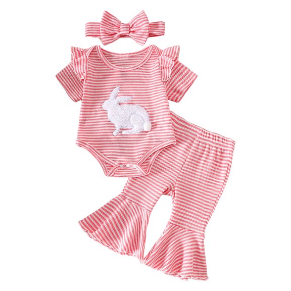 Baby Girl Clothes Bell Bottom Vacation Outfit Strawberry Grape Cherry Embroidery Striped Knit Romper Flare Pants Set Pink