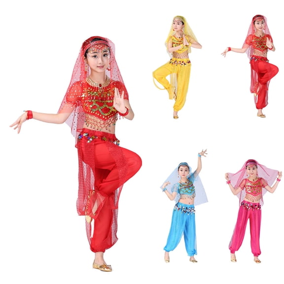 Baby Girl Clothes Belly Dance Suits Set with Top Pants Veil Headpiece Bracelets Girls Spring Outfits Hot Pink 8-9 Years