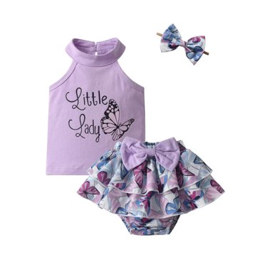 Baby Girl Clothes Butterfly Print Sleeveless Halter Top   Ruffle Diaper Cover Shorts   Headband 3PCS Summer Set Purple 0-3 Months