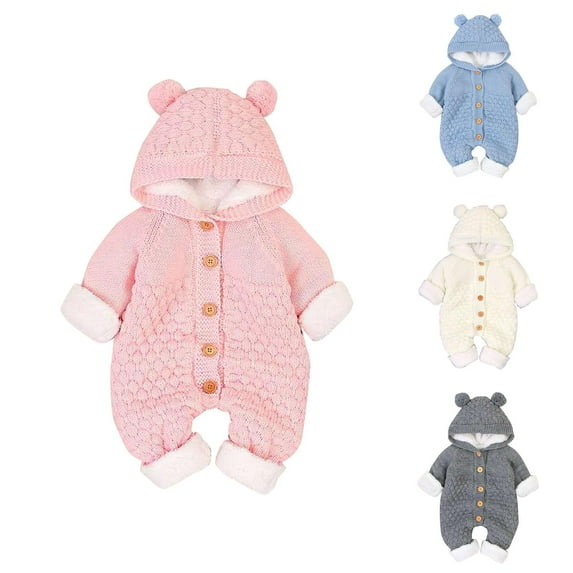 Baby Girl Clothes Children's Winter Plush Jumpsuit Warm Long Sleeve Knitted Rompers Cute Button Up Sweat Jumpers
