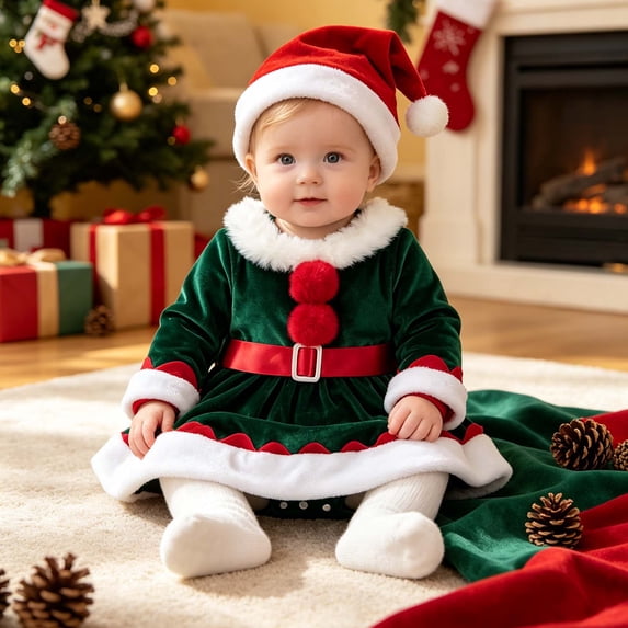 Baby Girl Clothes Christmas Outfit Ruffle Long Sleeve Plush Romper Dress with Hat Cartoon Jumpsuit Dress Cute Fall Winter Clothen Fall Winter Romper for Toddler Girls 1-3 Months