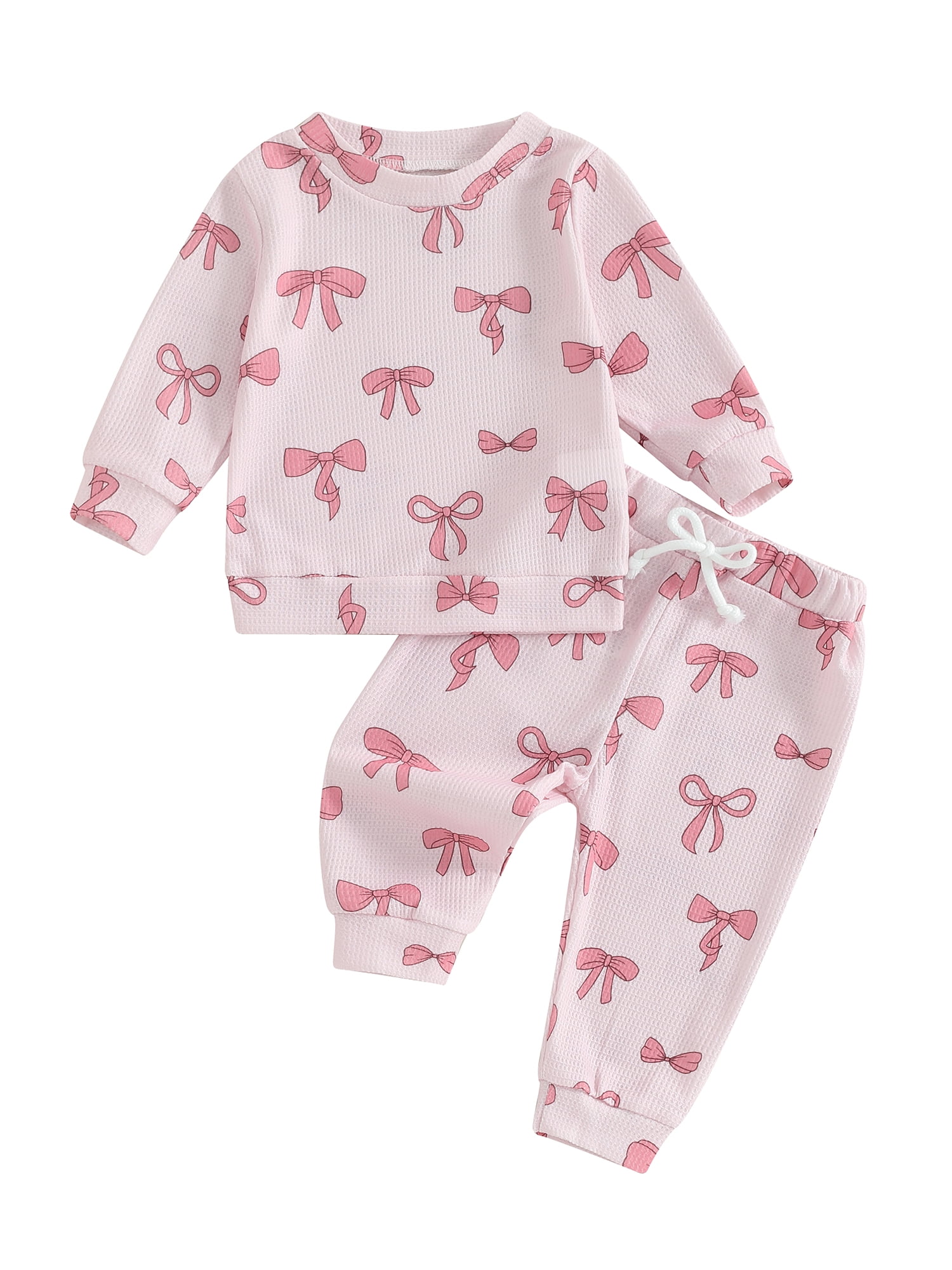 Baby Girl Clothes Cute Bow Print Long Sleeve Sweatshirt Pants Set Waffle Knit Toddler Spring Fall Outfit
