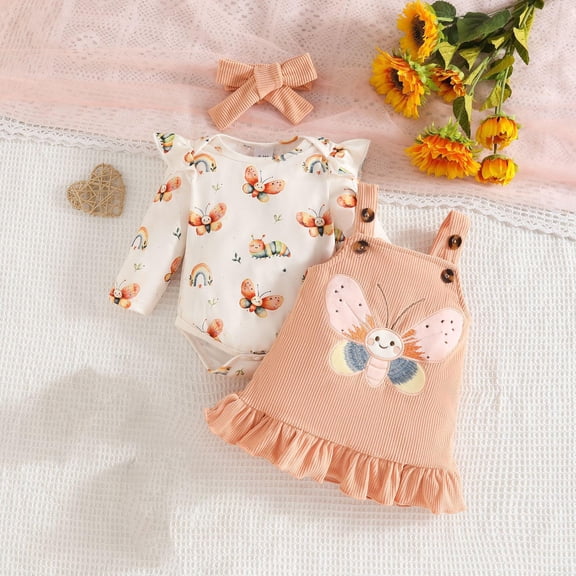 Baby Girl Clothes Cute Outfits Long Sleeve Romper Overall Skirt Dress Headband 3PCS Newborn Outfit Beige 0-3 Months