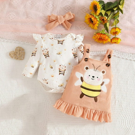 Baby Girl Clothes Cute Outfits Long Sleeve Romper Overall Skirt Dress Headband 3PCS Newborn Outfit Yellow 3-6 Months