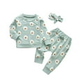 thumbnail image 1 of Baby Girl Clothes Daisy Long Sleeve Tops Printed Pants and Headband Outfit Set Green 12-18 Months, 1 of 6