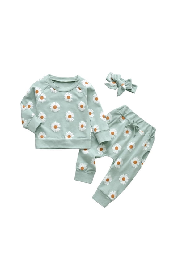 Baby Girl Clothes Daisy Long Sleeve Tops Printed Pants and Headband Outfit Set Green 3-6 Months