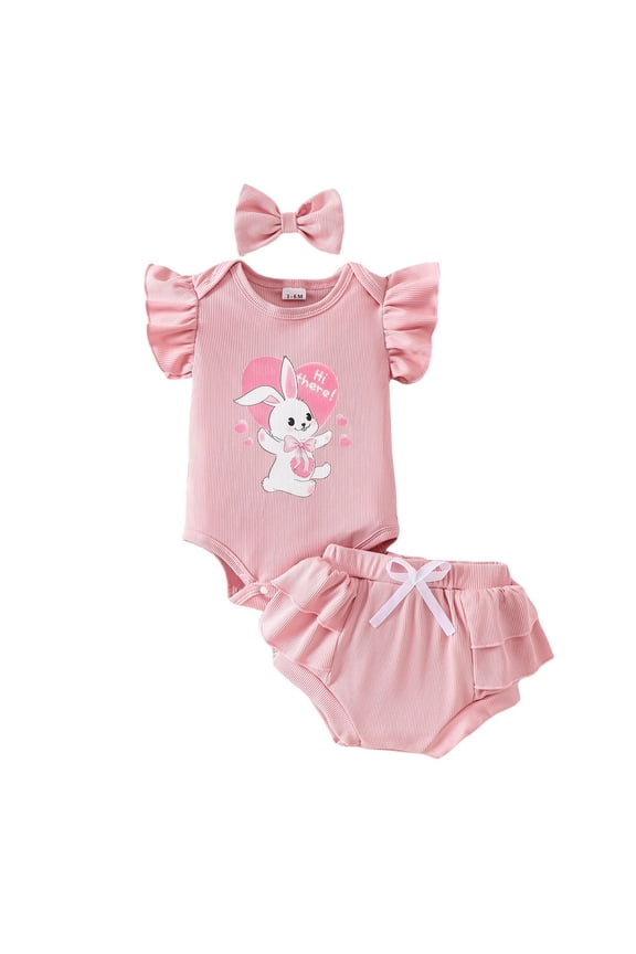 Baby Girl Clothes Easter Outfit Summer Ruffle Sleeveless Romper Ribbed Vest Top Bow Shorts Headband Pink 6-12 Months