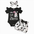 thumbnail image 1 of Baby Girl Clothes Infant Cartoon Cow Print Ruffle Ribbed Romper And Floral Shorts 3-Piece Set With Headband Newborn Outfit, 1 of 6