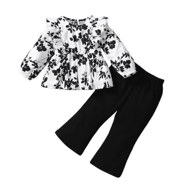 Baby Girl Clothes Infant Girl Floral Outfit Ruffle Sleeve Shirt & Pant Set Fall Winter Clothing for Girl (12-18M, Black)