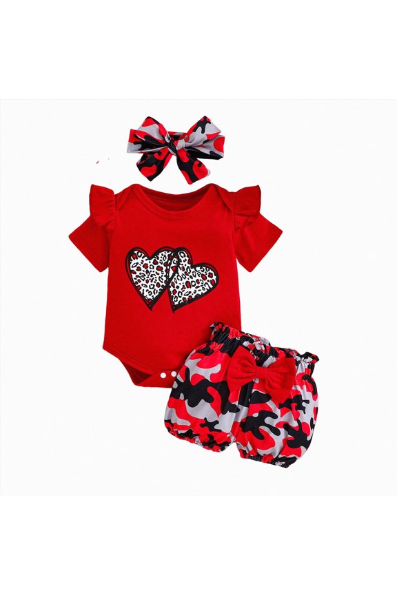 Baby Girl Clothes Infant Heart Print Short Sleeve Top And Bowknot Cow Print Shorts 3-Piece Set With Headband