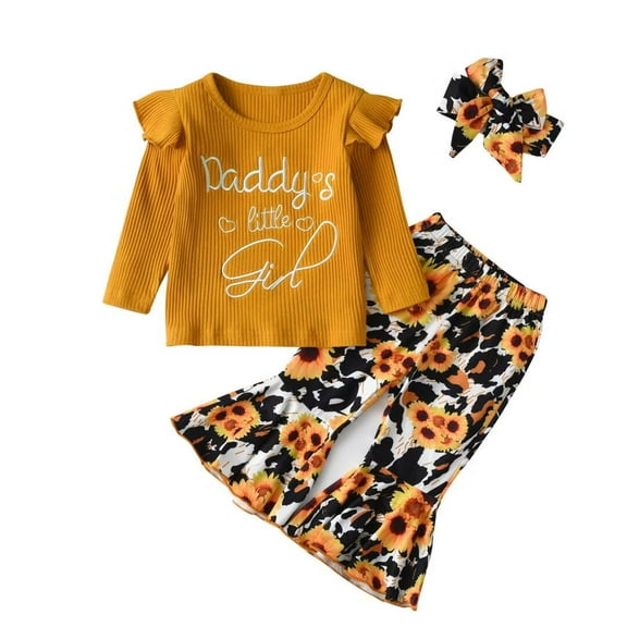 Baby Girl Clothes Letter Long Sleeve Ruffle Tops Daisy Flared Pants and Headband Outfits Set Orange 3-6 Months