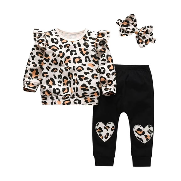 Baby Girl Clothes Long Sleeve Leopard Print Tops + Pants + Headband Outfit Set 3-6 Months